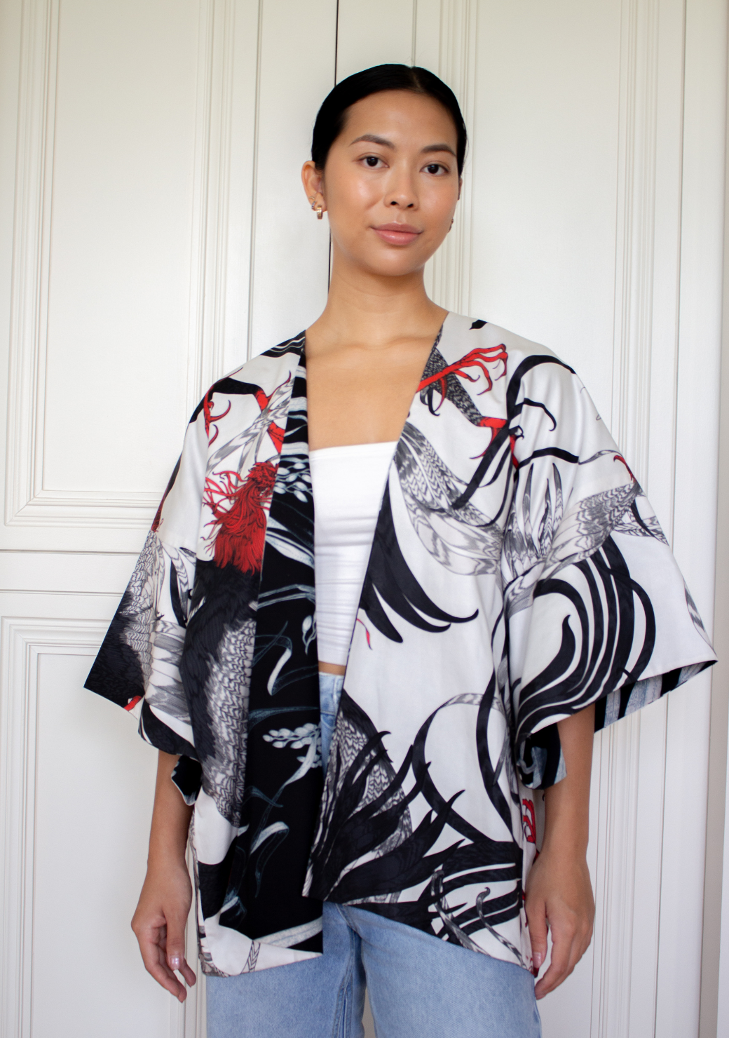Reversible Short Cotton Kimono Jacket in Egrets & Sabong