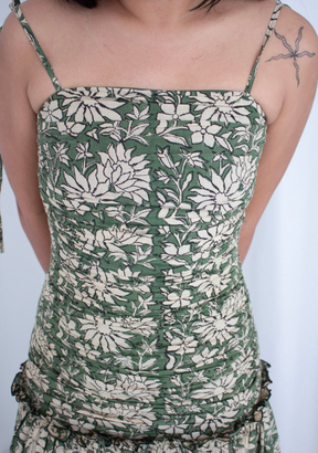 Leela Pleated Midi Dress with Tie Straps in Green Block Print