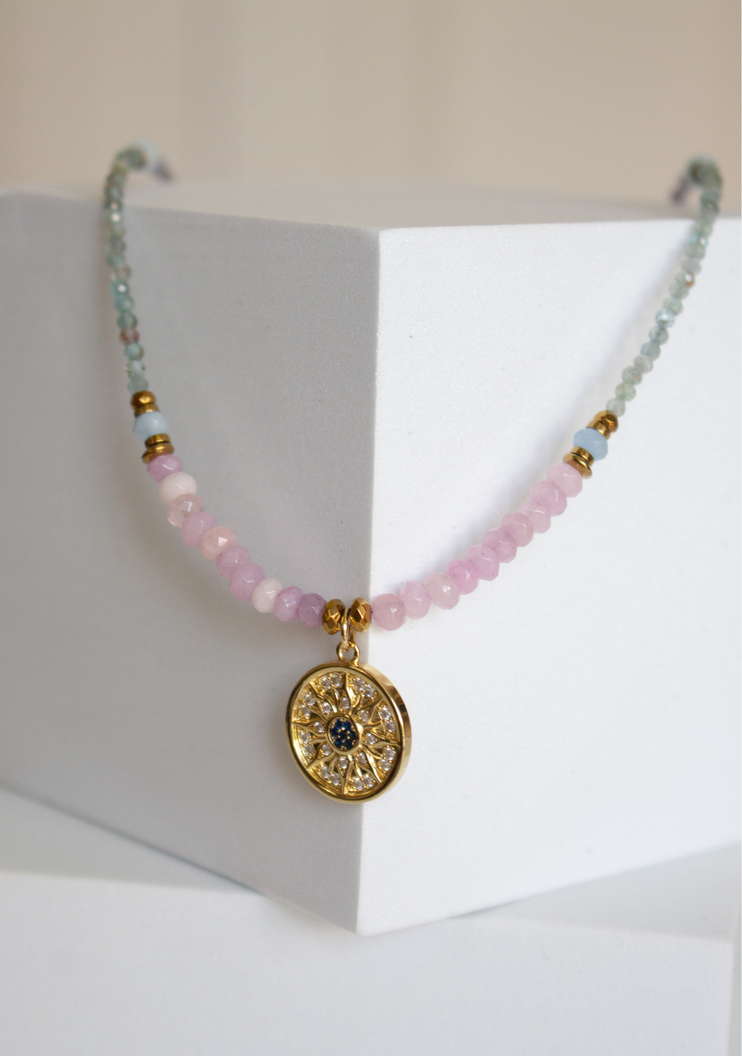 Aquamarine Keira Necklace with Sun Disc