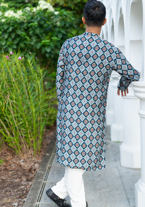 Tara Blue Mens Kurta Pajama Jacket Set in Muslin Cotton