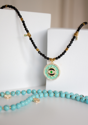 Green Tear Drop Rondelle Necklace with Pave Eye Pendant