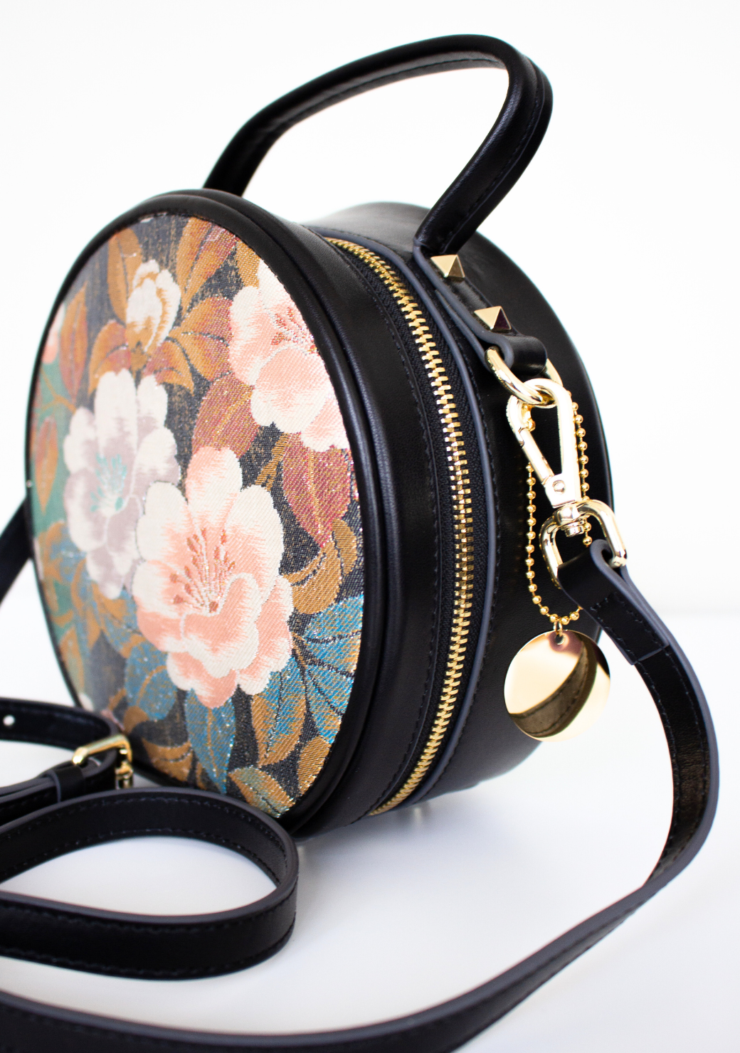 Round Leather Obi Silk Handbag