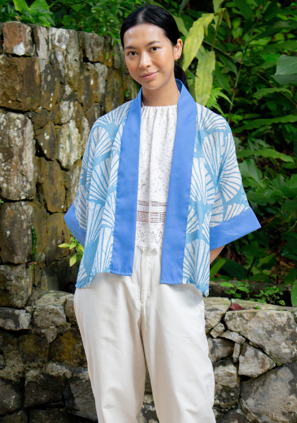 Blue Crop Cotton Voile Kimono
