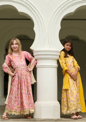 Rooh Pink Girls Lehenga Choli Set with Dupatta in Muslin Cotton