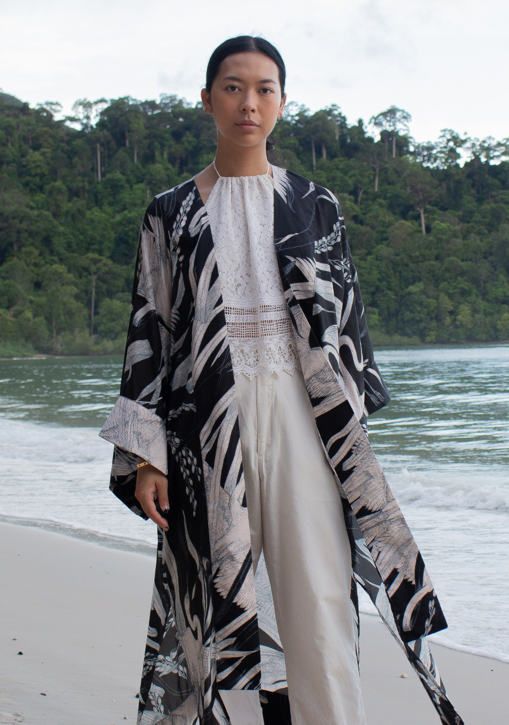 Long Sheer Silk Kimono Robe with Cotton Hemp Trim