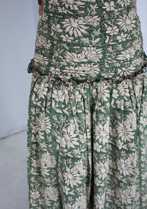 Leela Pleated Midi Dress with Tie Straps in Green Block Print