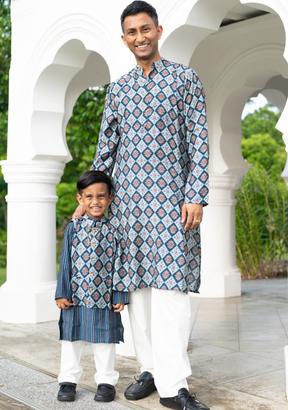 Tara Blue Mens Kurta Pajama Jacket Set in Muslin Cotton