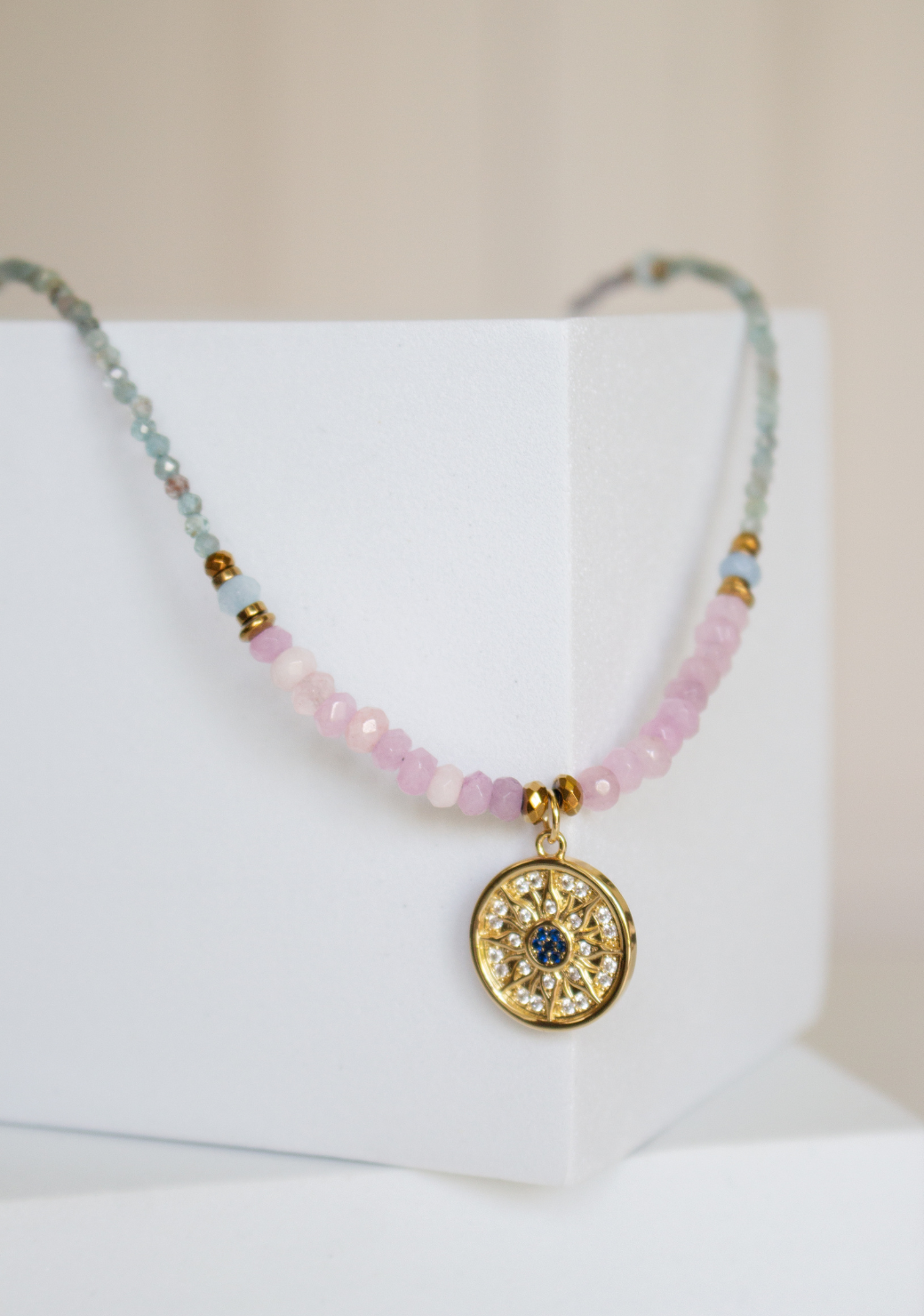 Aquamarine Keira Necklace with Sun Disc
