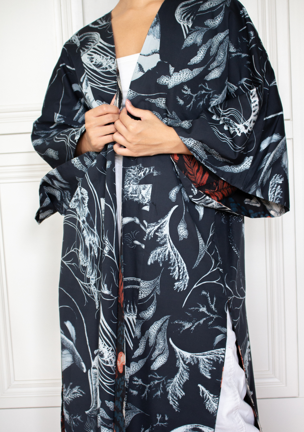 Reversible Long Cotton Kimono Robe in Sea Life in Navy & Nautilus