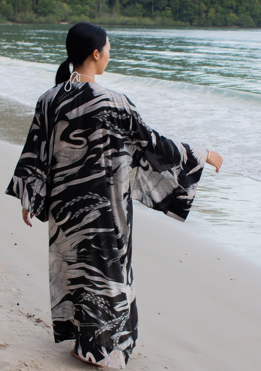 Long Sheer Silk Kimono Robe with Cotton Hemp Trim