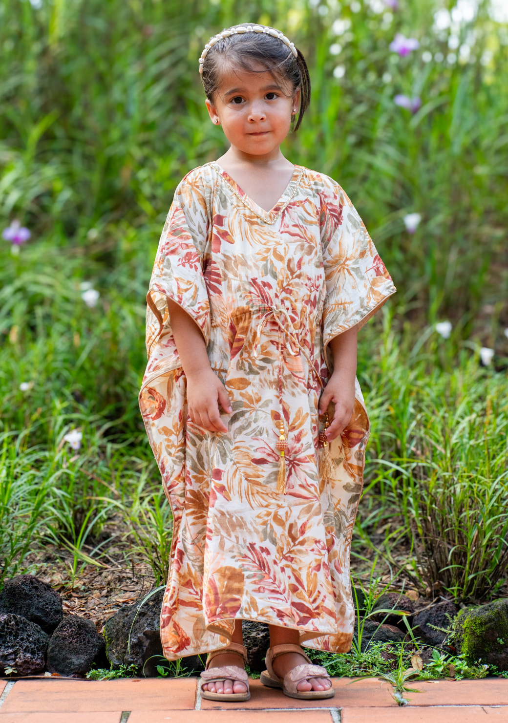 Arya Girls' Long Kaftan Dress in Red & Gold