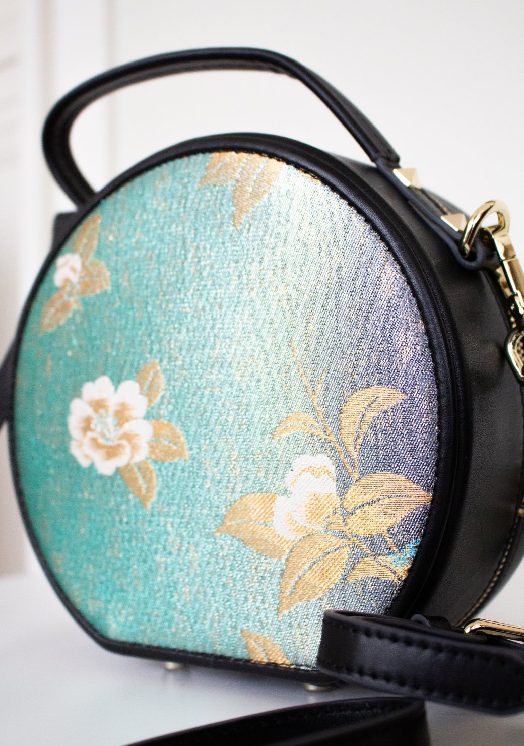 Round Leather Obi Silk Handbag