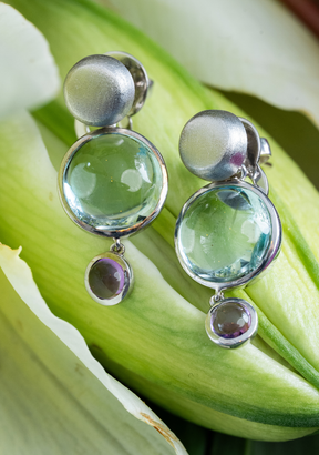 Blue Quartz & Amethyst Drops on Round Studs