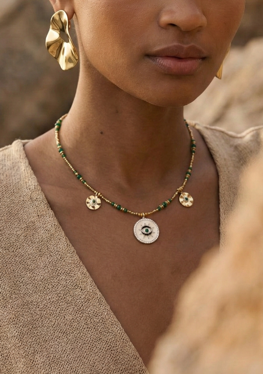 Gold Hematite and Green Agate with Triple Charm Necklace