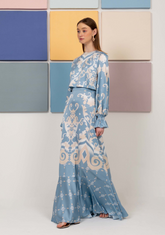 Sawa Blue Flared Dress with Puffed Sleeves