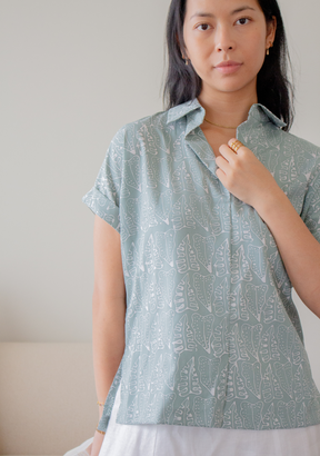 Dia Guild | FERN - Boxy Shirt Blouse in Turquoise & Monstera Block Print