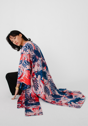 Reversible Long Cotton Kimono Robe in Tamaraw in Peach & Navy