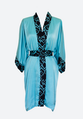 Pua Short Cotton Silk Kimono with Sash in Turquoise